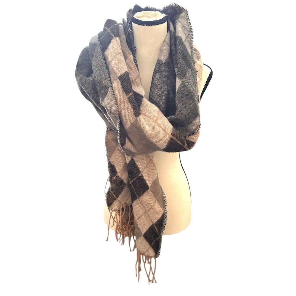 ZARA Plaid Fringe Acrylic‎ Scarf Brown Medium